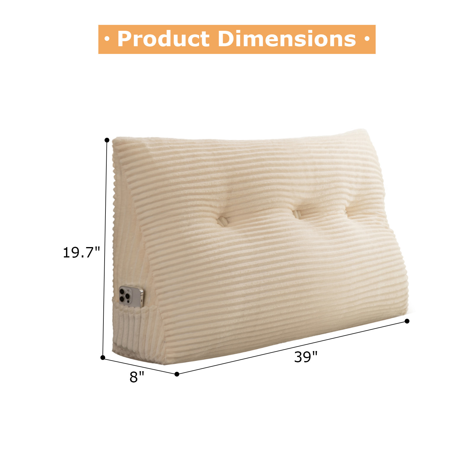 Lovote Triangular Headboard Pillow with Side Pockets, Velvet Fabric, Vertical Stripe Pattern Bed Rest Reading Pillow, Removable & Washable Cover, Daybed Wedge Pillow for Twin Beds