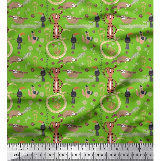 Soimoi polyester Crepe Fabric Floral,Bird & Animals African Printed Fabric 1 Yard 42 Inch Wide