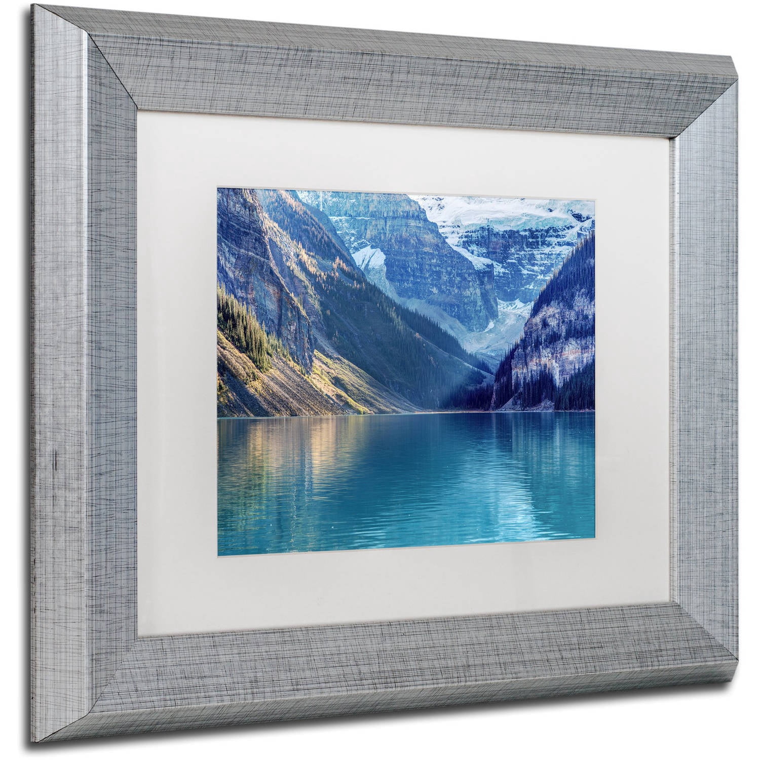 Trademark Fine Art 'Lake Louise Sunlight' Canvas Art by Pierre Leclerc, White Matte, Silver Frame