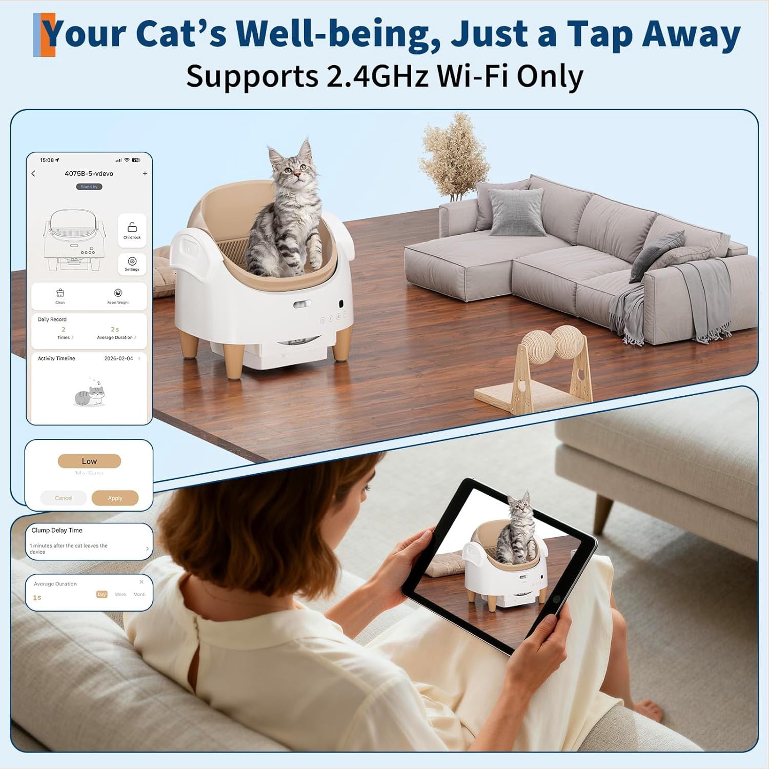 Memoryfield Open-Top Self Cleaning Cat Litter Box with App Control, Safety Sensors, Odor Control, Bags, Beige