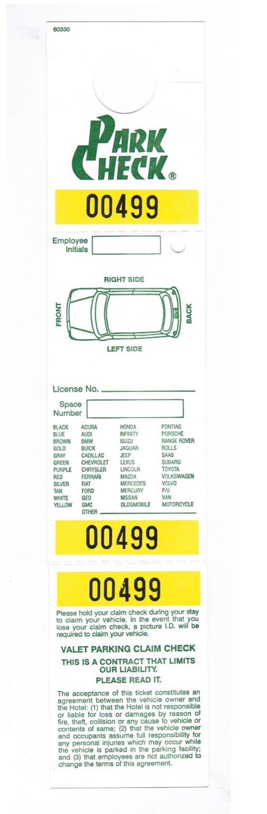 VALET PARKING CLAIM CHECK Hang Tag, White Stock Printed in Green and