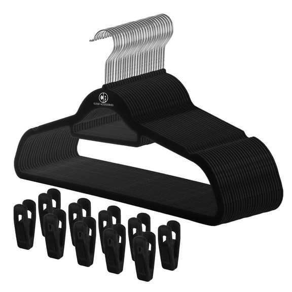 Closet Accessories, Black Velvet Hangers, with Matching Velvet Finger Clips (10 Pack)