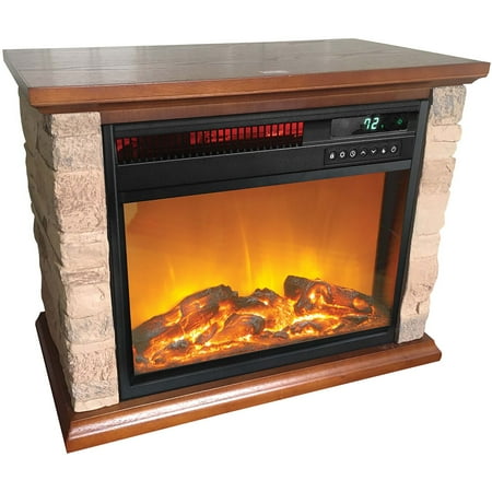Lifesmart - 3-element Small Square Infrared Fireplace with Faux Stone Accent - Black