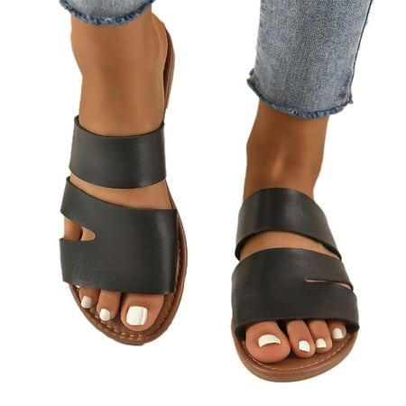 Loliuicca Women s Flat Slides Sandals Hollow Strap Outdoor Slipper Casual Shoes