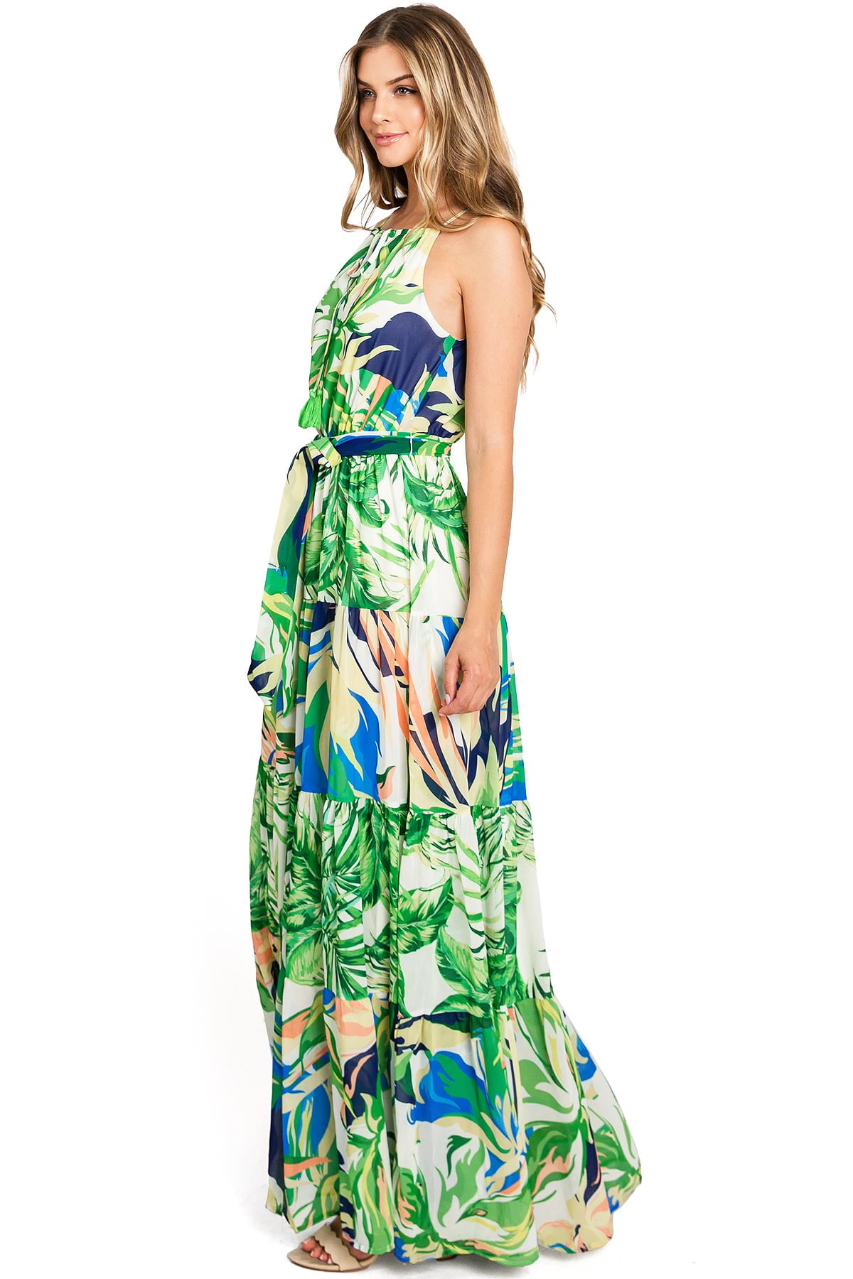 knee length dresses for ladies Green Tropical Dream Draped Organic Cotton Maxi Dress main image 1