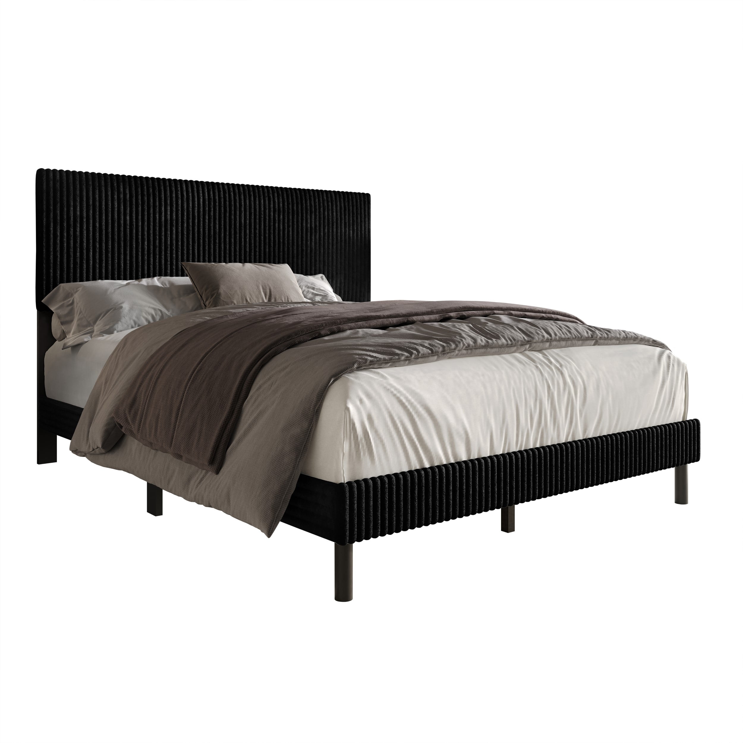 Home Design Osceola Full Luxurious Corduroy Upholstered Panel Bed Frame for Adult, Black, Easy Assembly, Box Spring Required (Sold Separately)