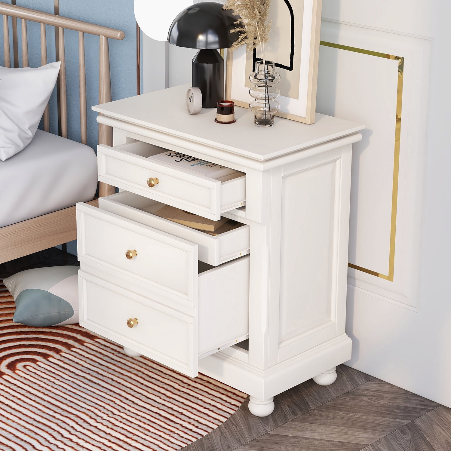 Kadyn Modern 3 Drawers Nightstand, Storage End Table with Silver Metal Handle, Bedside Table for Living Room and Bedroom, Beige