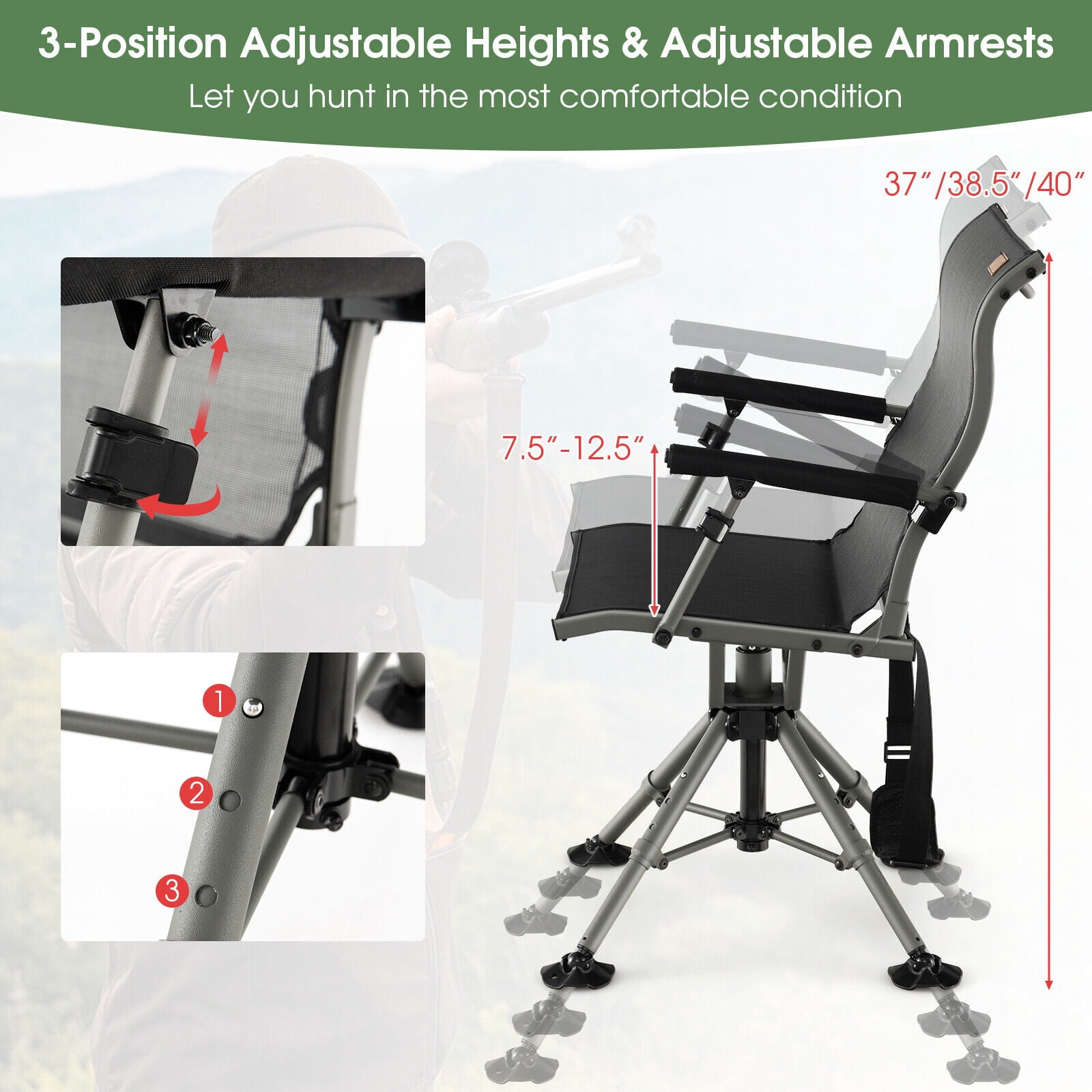 Amijoy 360 Degree Silent Swivel Hunting Chair, Folding Height Adjustable Hunter Chair w/All-terrain Feet Pads, Padded Armrests, Portable Blind Chair