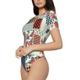 thumbnail image 2 of Haiem Patchwork In Country Style Women's Crew Neck Short Sleeve Bodysuit Tops Stretchy Slim Basic-Medium, 2 of 9