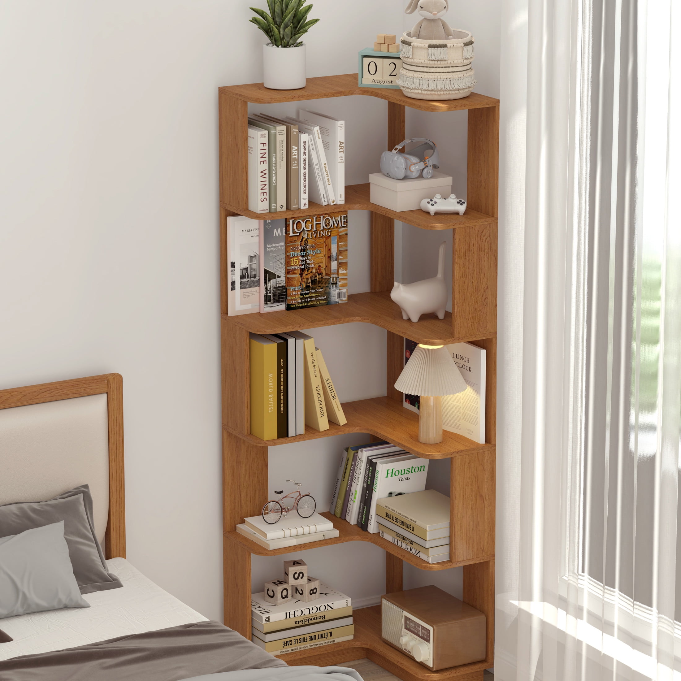 Noble House Vayen 65" L-Shaped Corner Bookshelf, 6-Tier Anti-Drop Wooden Bookcase, Open Storage Rack, Dark Oak