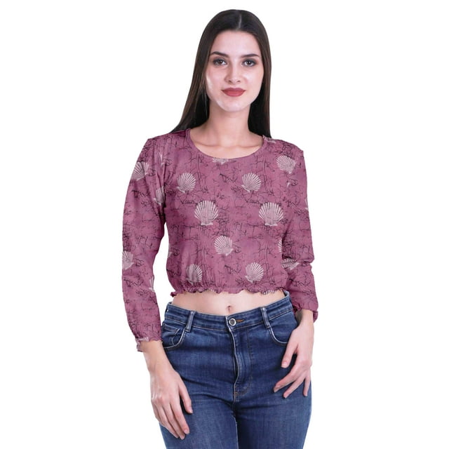 Moomaya Crop Top à Manches Longues Col Rond Imprimé pour Femmes T-Shirt en Jersey de Coton