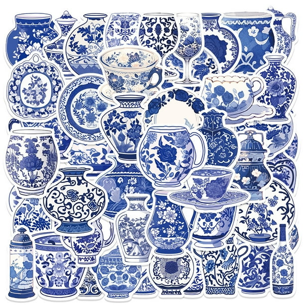 Adhesivos de cerámica china de porcelana azul y blanca, 50 unidades