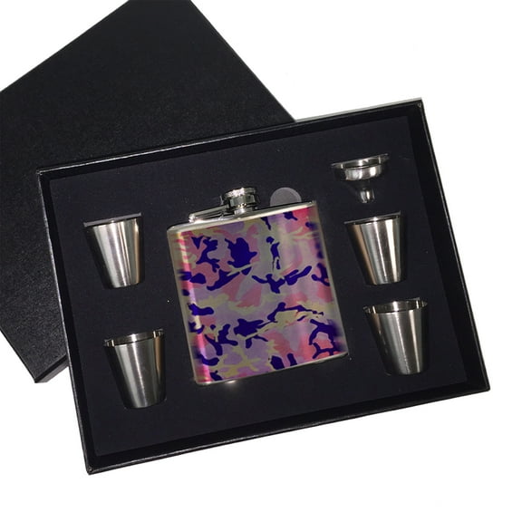 KuzmarK 6 oz. Stainless Steel Flask Set in Black Presentation Box -  Purple Camouflage