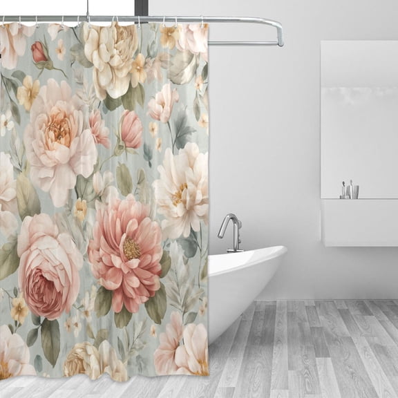 Delicate Roses with Peonies Spring Shower Curtains with 12 Hooks Waterproof Bathroom Decor 66" x 72"