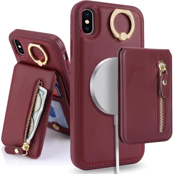 iPhone Xs max case with Card Holder, iPhone Xs max Phone Case Wallet for Women magsafe Compatible Wallet Detachable 2-in-1 for Men-Red Wine