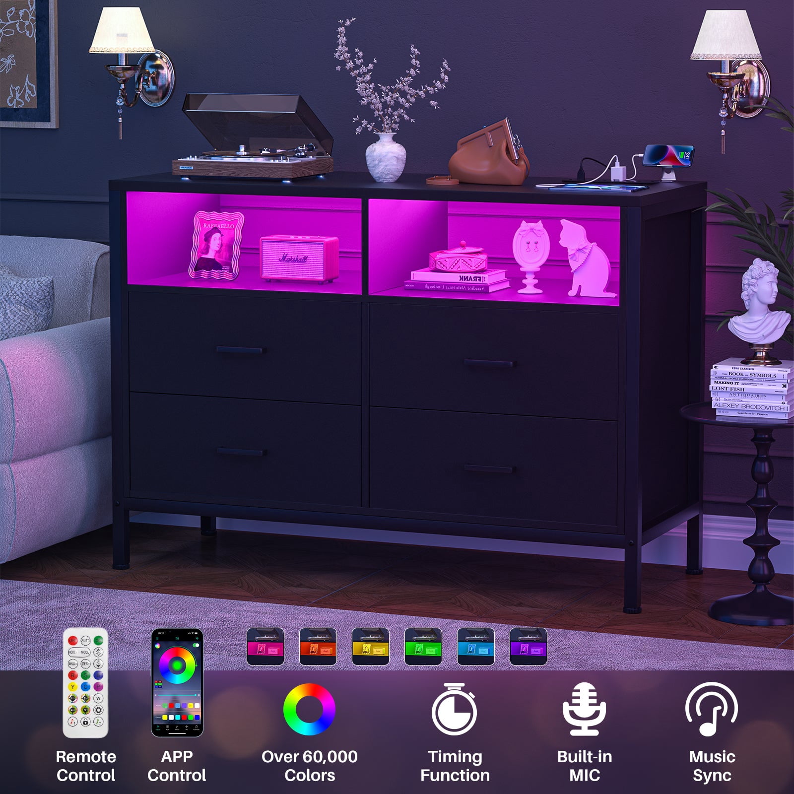 Homieasy Dresser for Bedroom, 4 Drawer Dresser with LED Lights and Charging Station, Wood Dresser, Wide Chest of Drawer Storage Organizer, Dresser TV Stand for Living Room, Closet, Entryway, Black