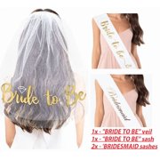 BRIDE TO BE and BRIDESMAID Bridal Shower party favor SET Bachelorette Party Sashes and veil set - WHITE with GOLD PRINT