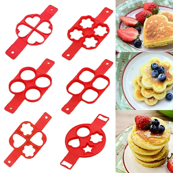 7-in-1 Silicone Pancake Mold Maker with Heart Star Round Shapes, Non-Stick Breakfast Omelette Making Tool, Food Grade Heat Resistant Red Kitchen Baking Mold 13.78x7.87 inch