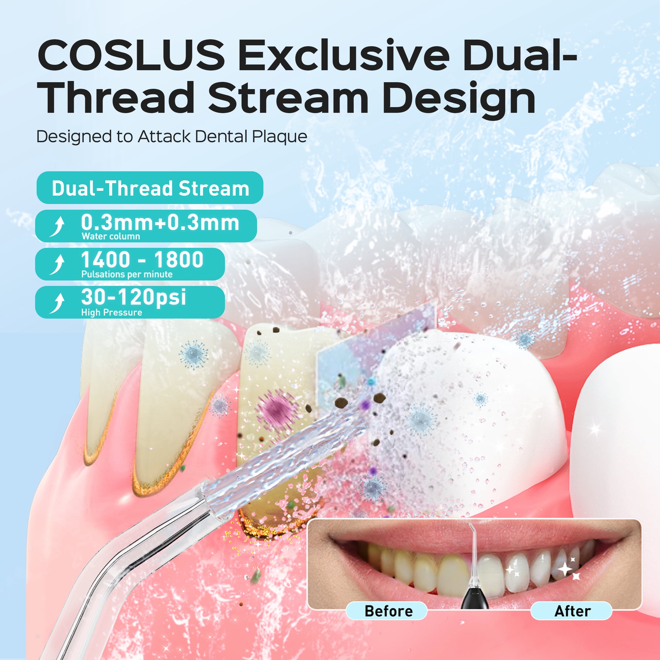 COSLUS  CX20 Water Dental Flosser Teeth Pick,300ML Tank IPX7 Waterproof Portable Rechargeable Water Flosser Dental Oral Irrigator for Home and Travel Black