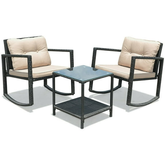Spaco Cushioned Patio Rattan Seating Rocking Chair Glass Table Set 3 Pieces with Steel Frame Furniture, Black