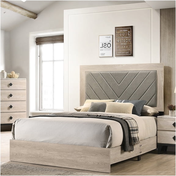 JERFIT California King Bed Frame with Upholstered Headboard, Cream Gray V-Design, Rubberwood Platform Bed, Modern Bedroom Furniture