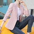 thumbnail image 4 of comerut Women Blazer Plaid Print Contrast Color Turn-down Collar Cardigan Long Sleeves Warm Business Anti-wrinkle Autumn Coat for Work, 4 of 7