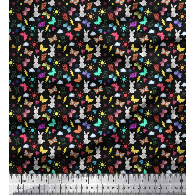Soimoi Black Georgette Viscose Fabric Sun,Insect & Rabbit Cartoon Printed Craft Fabric by The Yard 42 Inch Wide