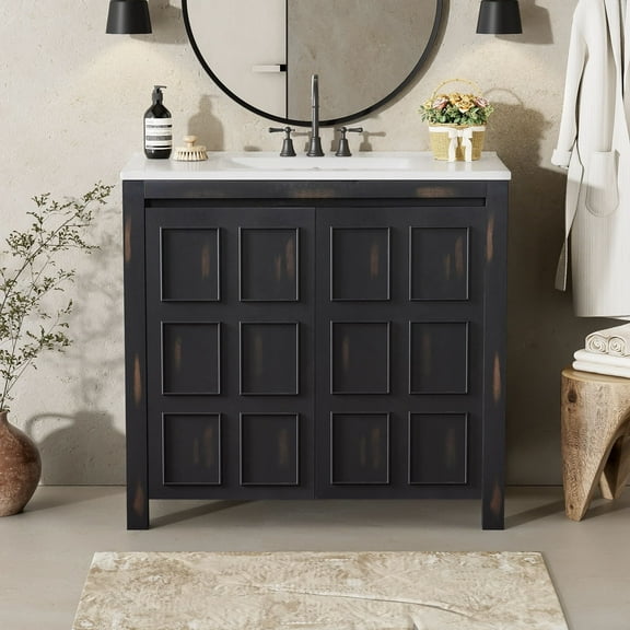 MODERNLUXE 36" Bathroom Vanity with Ceramic Sink,Wood Freestanding Cabinet with Storage for Bathroom,Espresso