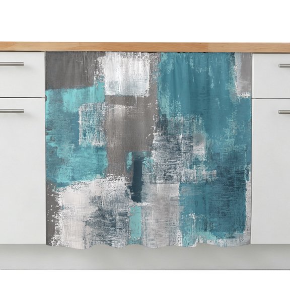 Turquoise Grey Sink Skirt 10"W x 11"L,Dustproof Under Sink Curtain Skirt for Bathroom Kitchen,Abstract Square Graffiti Modern Smear Adhesive Short Vanity Curtains Cover for Laundry Closet Shoe Rack