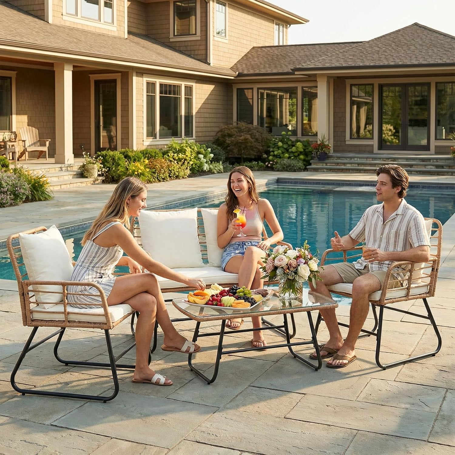 4 Pieces Outdoor Patio Furniture Set, Outdoor PE Wicker Patio Conversation Set with Cushion, Glass Table, Pillow, Beige