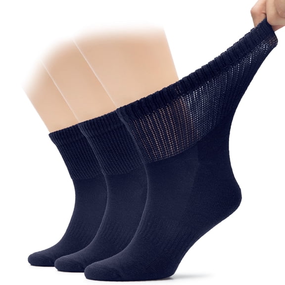 HUGH UGOLI Men's Cotton Diabetic Ankle Socks, Wide, Loose and Stretchy, Seamless Toe & Non Binding Top, Semi Cushion, 3 Pairs, Navy Blue, Shoe Size: 8-11