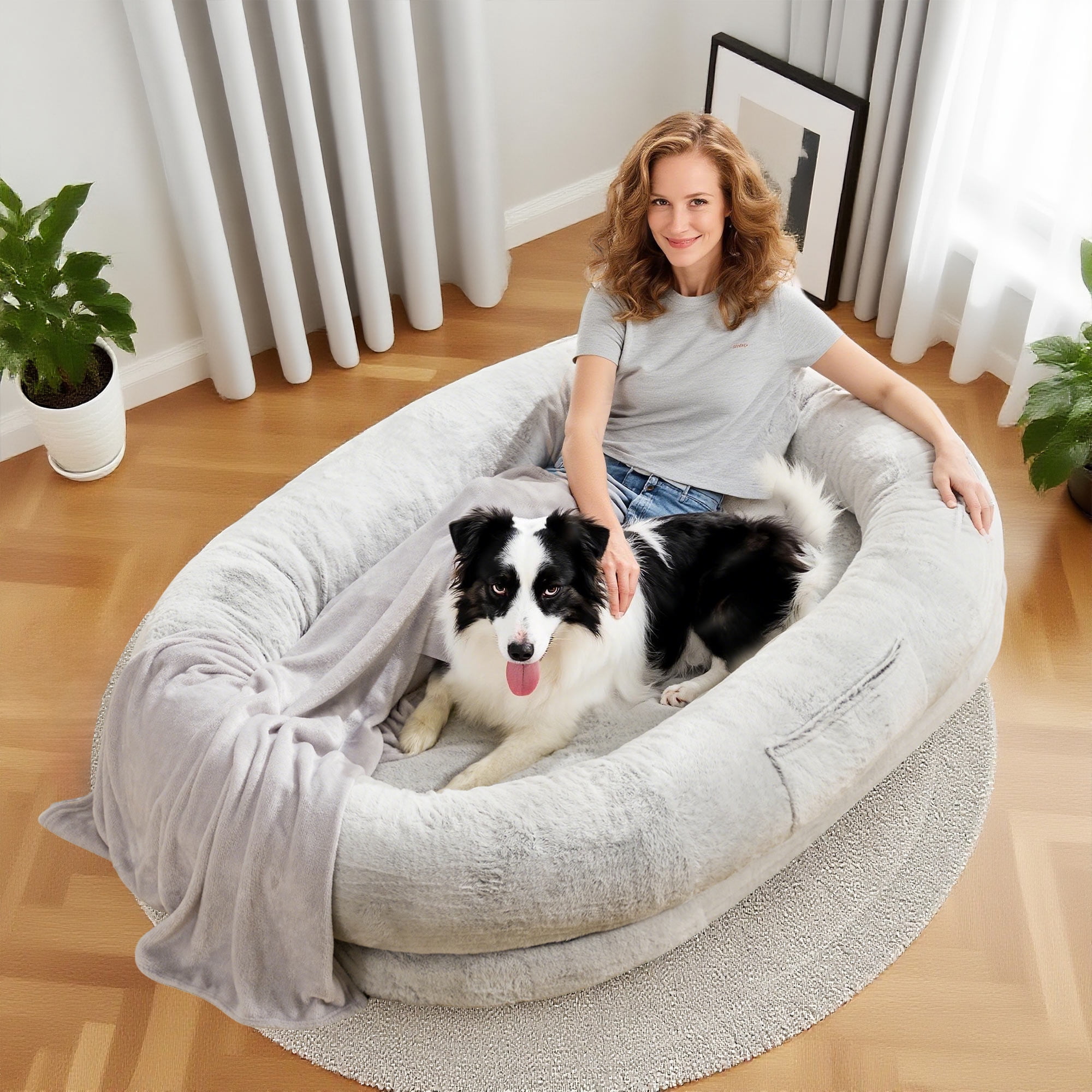Extra Large Human Dog Bed for Adults & Pets, Faux Fur Orthopedic Lounger with Pillow & Blanket, Washable Nap Bed, Perfect Gift for Pet Lovers (68'' x 35'' x 14'')