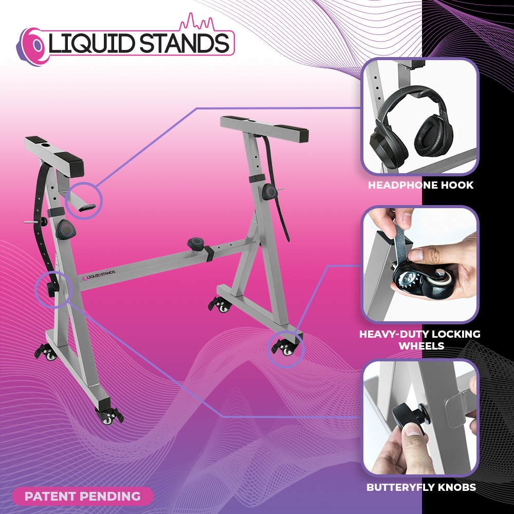 Liquid Stands Piano Keyboard Stand W/ Wheels - Z Style Adjustable Metal Stand for 54-88 Key - Chrome