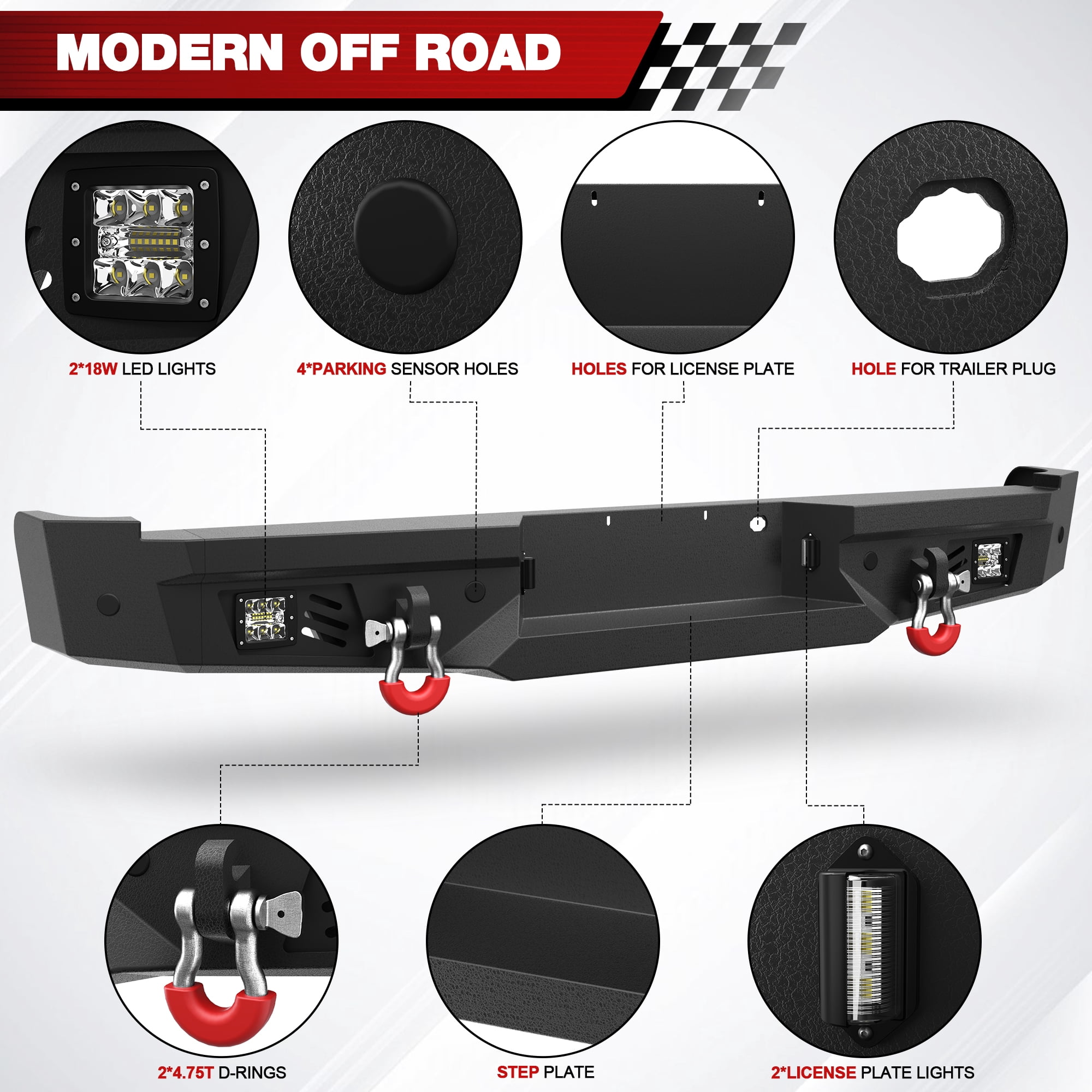 POFENZE F150 Rear Bumper for 2006 2007 2008 Ford F150 Pickup Trucks w/Step Plate, 2x18w Lights, License Plate Lights