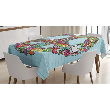 

Hippie Tablecloth Hand-Drawn Psychedelic Groovy Floral Peace Sign and Dove Doodles on Line Sketchbook Rectangular Table Cover for Dining Room Kitchen 60 X 84 Inches Multicolor by Ambesonne