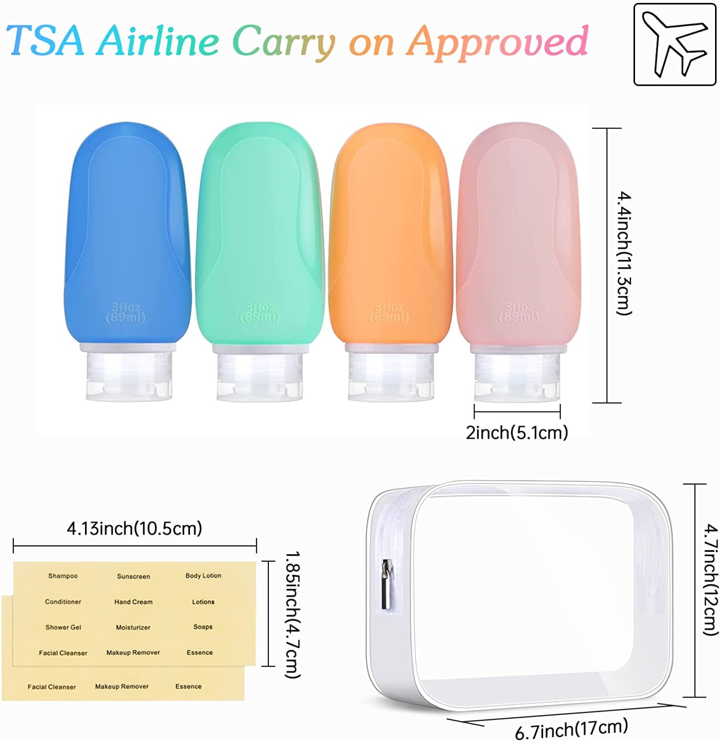 Travel Bottles Set for Toiletries, Tsa Approved Travel Size Containers BPA Free Leak Proof Refillable Liquid Silicone Squeezable Travel Accessories for Shampoo Conditioner Lotion (4Pack 3oz)