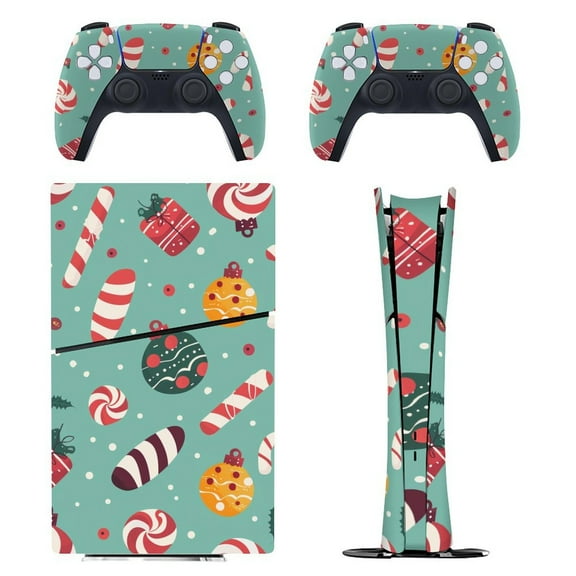 Skin Sticker for PS5 Slim Standard Disc Digital Edition Console and Controllers Decals for Playstation 5 (Christmas Candy Pattern,PS5 Slim)