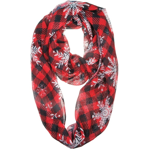 Gift Wrapped Fall Winter Soft Lightweight Holiday Sheer Infinity Christmas Scarf for Women Girls Red Plaid Snowfalke