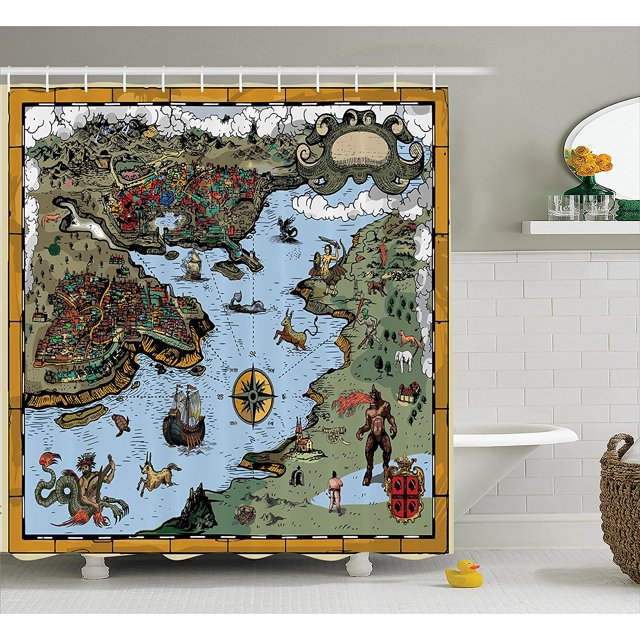 Compass Decor Collection, Antique Map with Rivers and Land Full of Monsters Pirates Giant Creatures Fantasy Art, Polyester Fabric Bathroom Shower Curtain, 75 Inches Long, Olive Blue By Ambesonne
