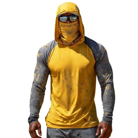 Camo Sun Protection Hooded Shirts for Men Breathable Compression Long Sleeve Fishing Tops with Mask for Running and Outdoor Work