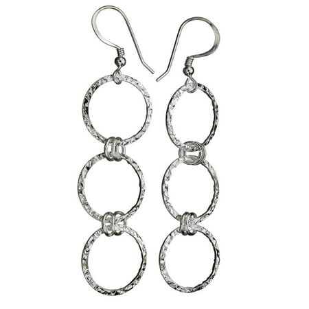 Long Link Earrings - Sterling Silver Flat Hammered Circle Links Long Earrings Italy