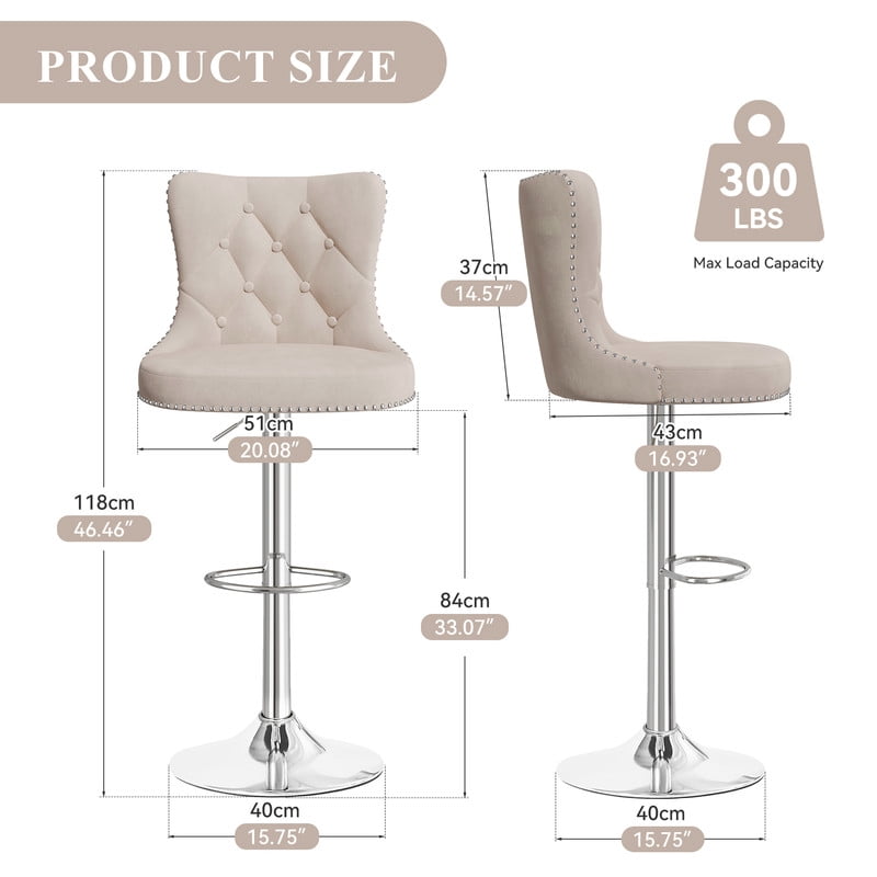 Hawsaiy Swivel Bar Stools Set of 2, Adjustable Velvet Tufted Counter Height Chairs with Nailhead Trim, Upholstered Barstools for Kitchen Island, Khaki