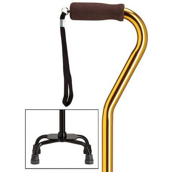 Quad Cane Adjustable Gold Small base 5" x 8" with center balance offset handle and nylon security nut