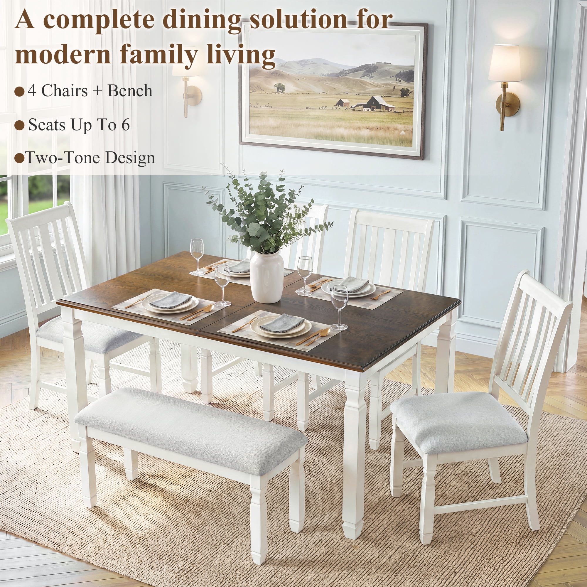 Euroco 6-Piece Dining Table Set for 6, Extendable Kitchen Table Set with 4 Upholstered Chairs and 1 Bench,Farmhouse Dining Set for Small Space, Easy Assembly,Brown + Beige