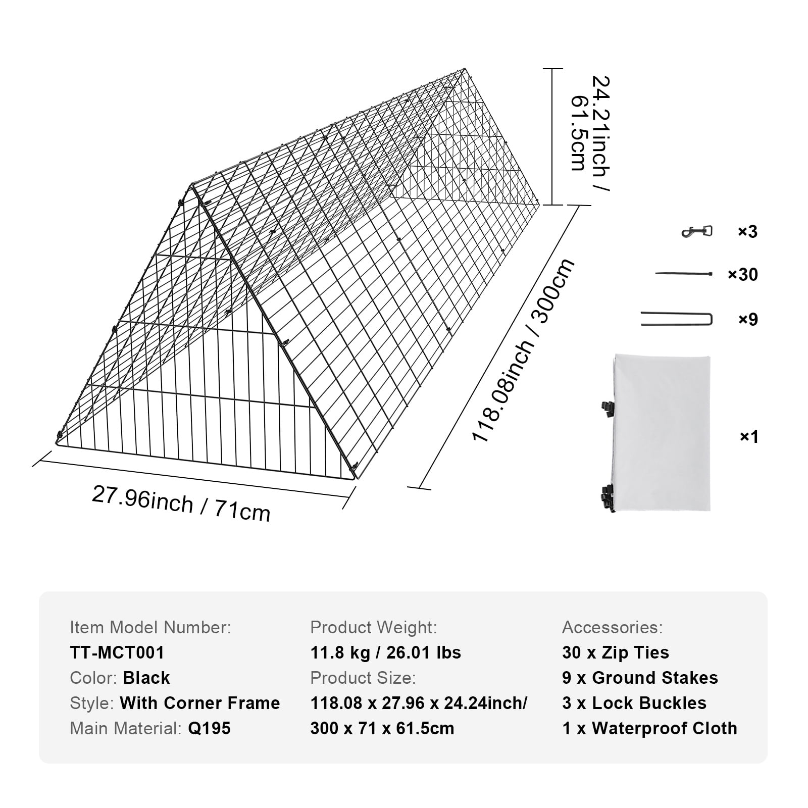 Chicken Tunnels, Chicken Tunnels for Yard, Portable Chicken Tunnels for Outside Easy Installation, Chicken Coop Run, Suitable for Chickens, Ducks, Rabbits 118.1 x 28 x 24.2 inch (LxWxH)