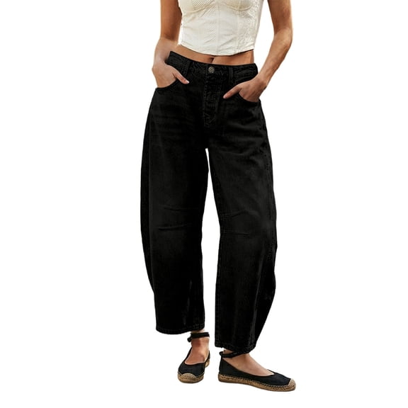 Bibifish Womens Barrel Jeans Loose Fit Washed Wide Leg Denim Jeans With Pocket Comfortable Casual Streetwear Spring Fall Long Pants