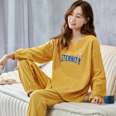 

CoCopeaunt Spring womens long-sleeved pants set of loungewear combed cotton cute cartoon can be worn outside pajamas sleepwear women