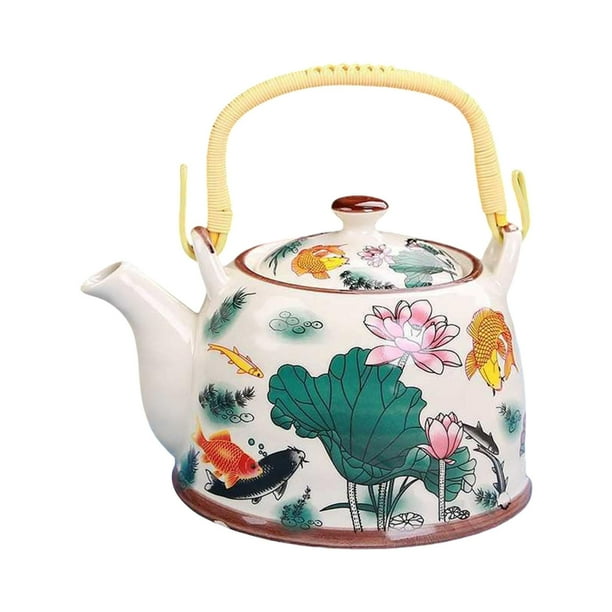 Tetera de porcelana japonesa resistente al calor de 900 ml con infusor extraíble pescado y loto
