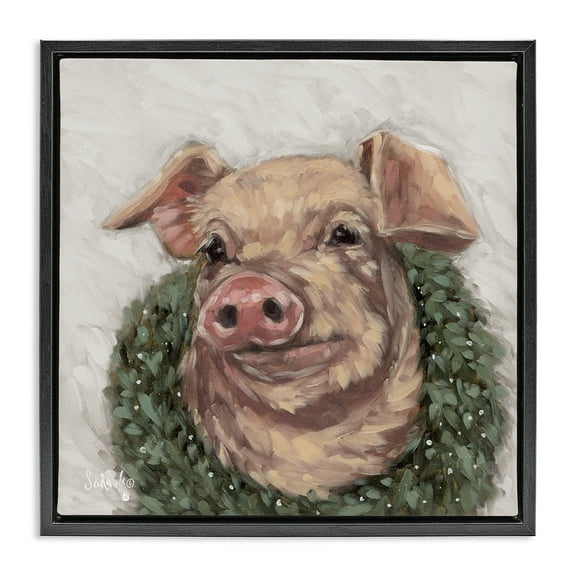 Stupell Industries Pig with Holiday Wreath Holiday Painting Black Floater Framed Canvas Art Prints Wall Art, 18 x 18