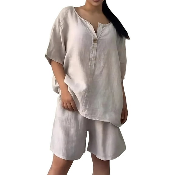 NMMUED Short Sets for Women Linen Sets for Women 2 Piece Summer Outfits for Women Gauze Sets for Women 2 Piece Lounge Sets for Women, Beige L